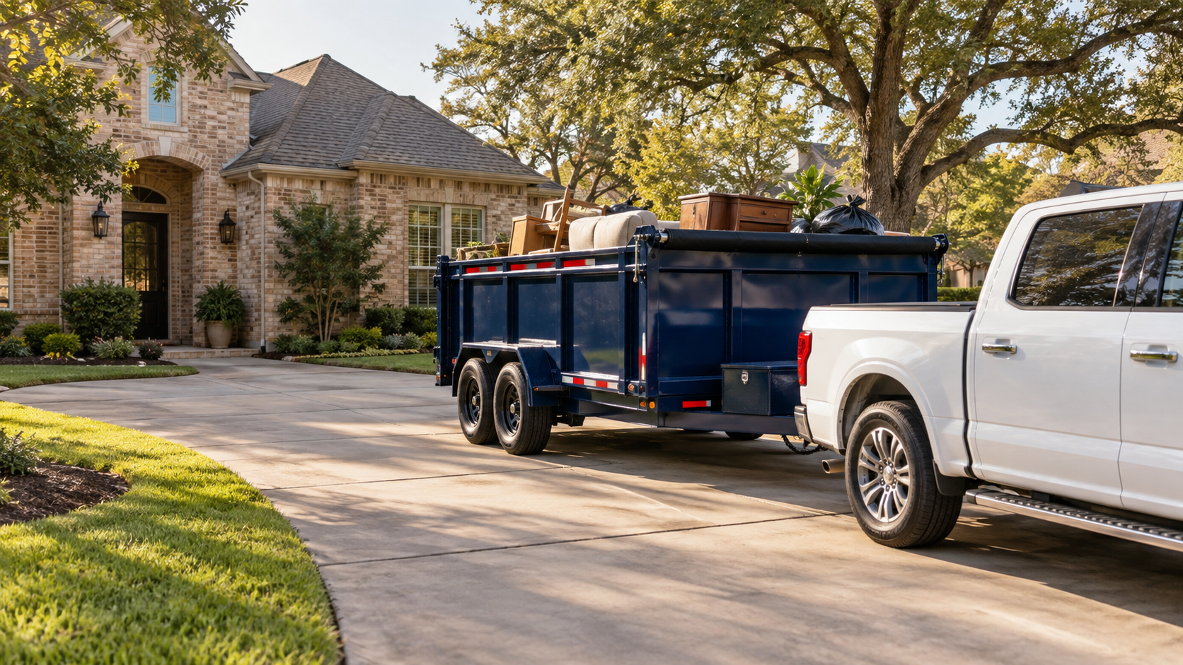Illustrative concept of a Houston hauling truck and trailer outside a home